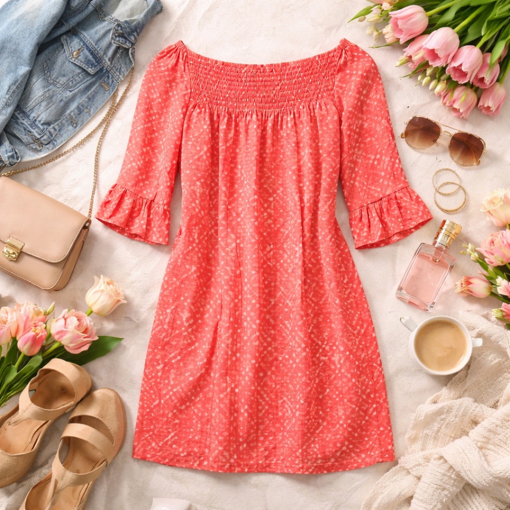 Zac & Rachel Coral Smocked Neck Dress 2X Lined Flutter Sleeve Plus Size Summer